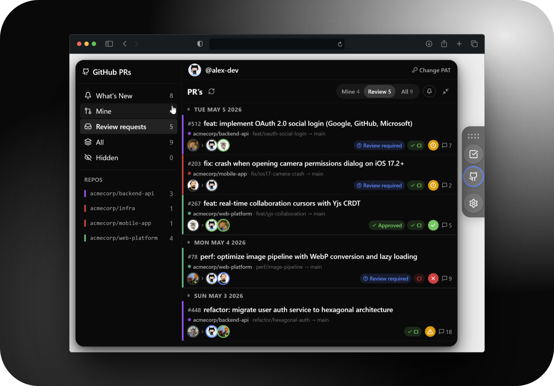 Glimpse Bar GitHub PRs panel