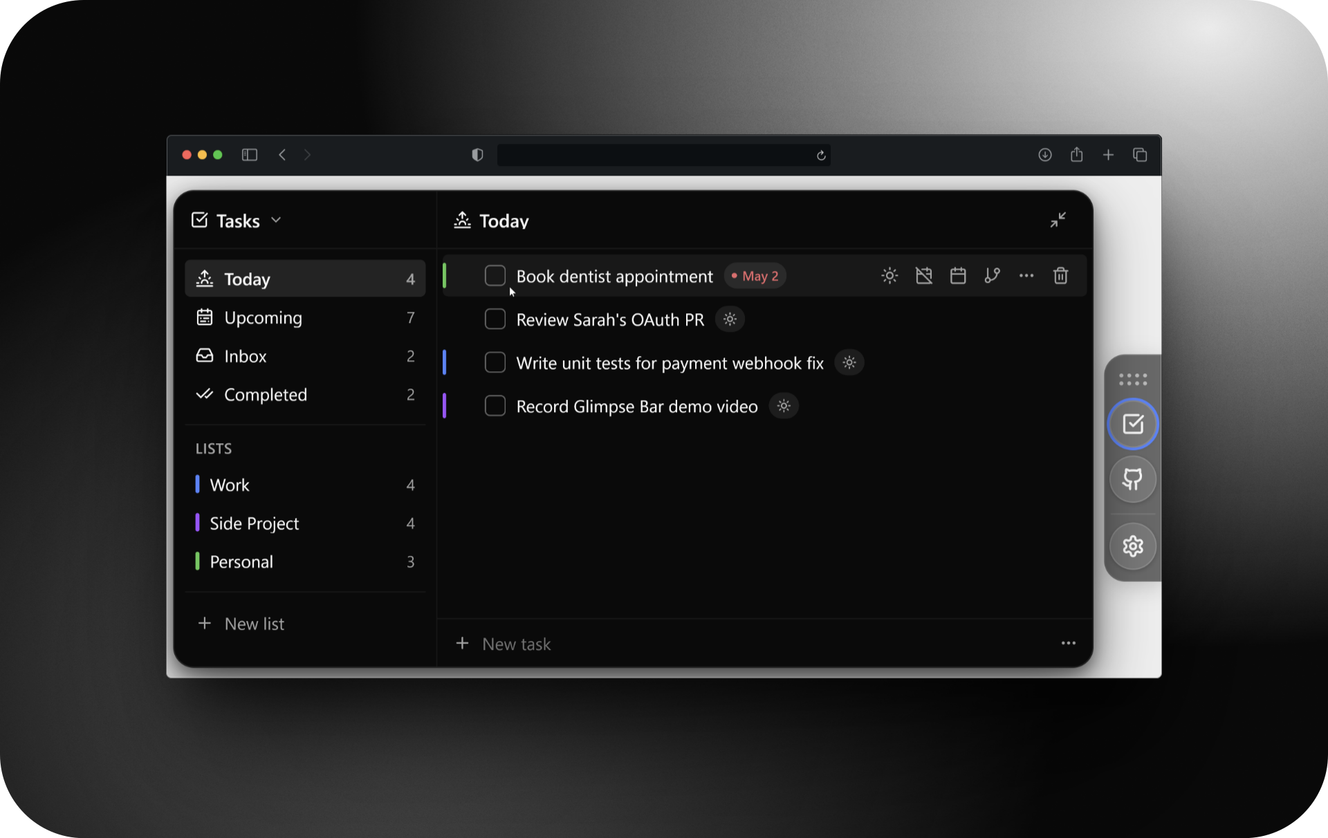 Glimpse Bar tasks panel